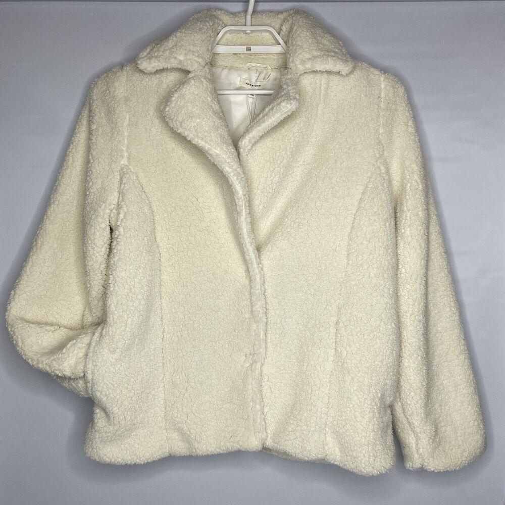 Max Stuido Womens Teddy Coat Jacket Size Large Ivory Hidden Snaps Pockets NWT